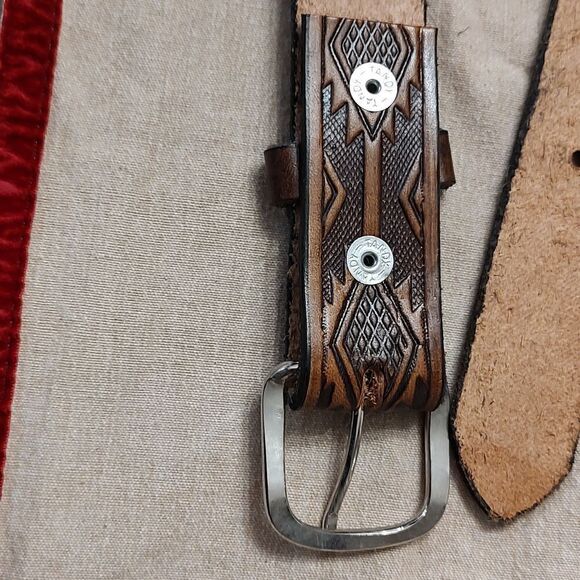 Brown Leather Tooled Men's Belt with Silver Buckle Size 40 - Picture 7 of 11